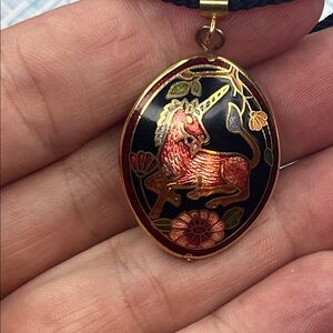 Vintage Elegant Gold and Black 80s Cloisonne Unicorn Pendant Necklace.